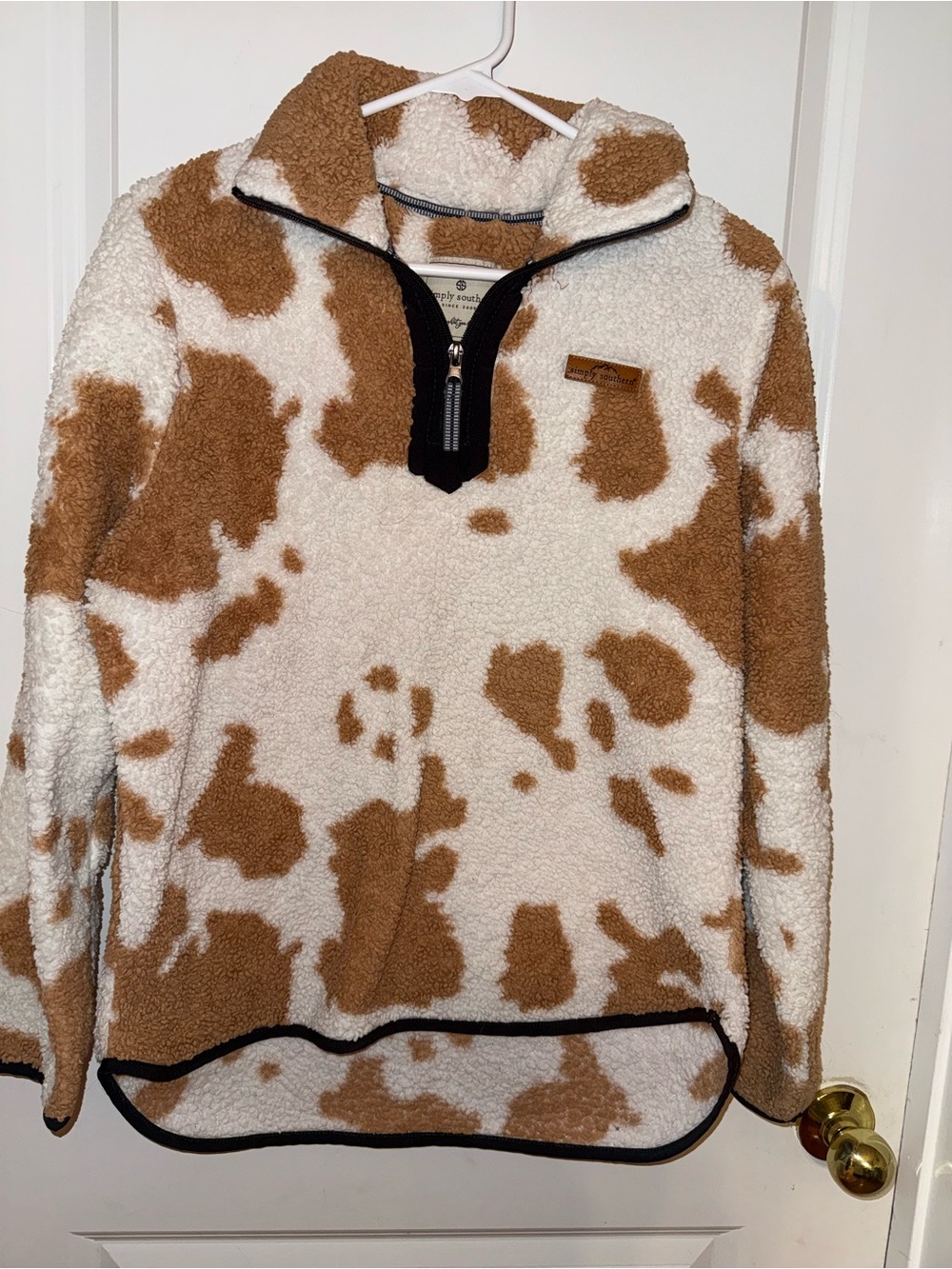 Simply Southern White & Brown Cowprint Sherpa Quarter-Zip